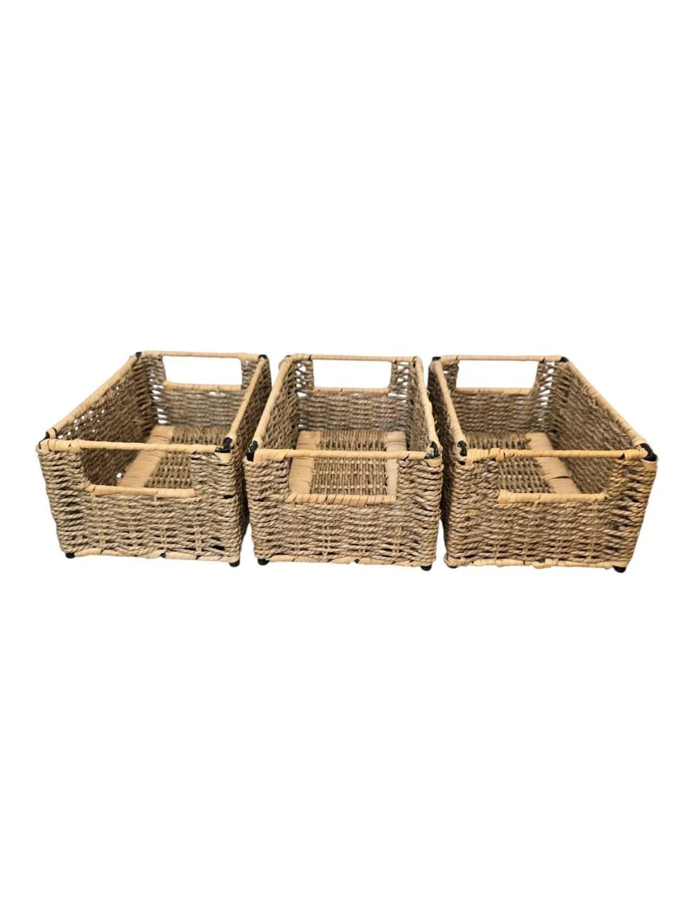 Natural Small Woven Seagrass Storage Baskets With Handles - Set of 3